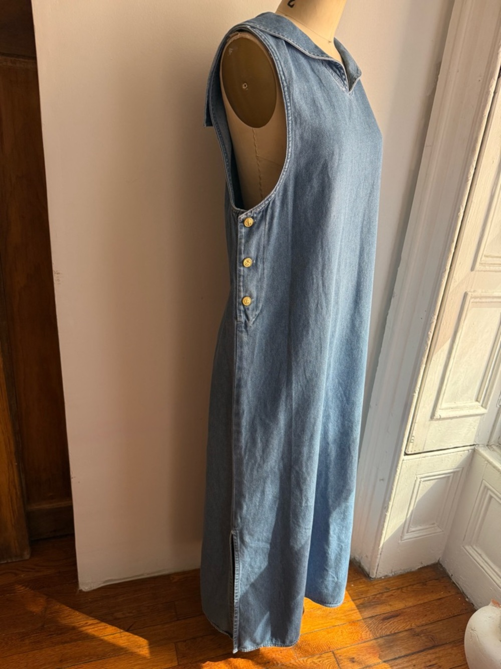 Vintage Denim Cotton Sailor Maxi Dress Large Collar Minimalist Structured - Picture 3 of 9